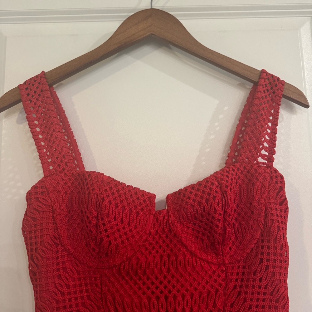 Self Portait Lattice Lace Midi Dress in Red - Picture 5 of 16